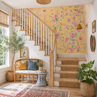 A Staircase Styled with Oriental Yellow Chinoiserie Wallpaper for Walls. view-staircase
