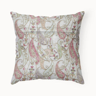 Ornate paisley design cushion cover in pastel and gold tones, showcasing traditional embroidered motifs on a white fabric.