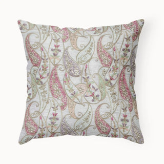 A multicolor paisley patterned cushion cover with intricate embroidery in pink, green, lavender, and gold on a soft white base.