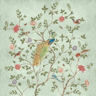 Decorative wallpaper with peacocks, flowers, and birds on a light green background