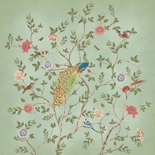 Decorative wallpaper with peacocks, flowers, and birds on a light green background
