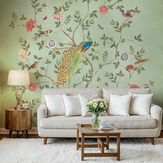 Bedroom with floral wallpaper featuring peacocks and birds, green living room, and potted plants.

