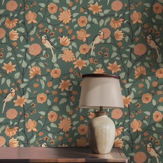 Birds & Floral Pattern Wallpaper Dark Green Closeup of Table lamp