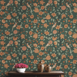 Birds & Floral Pattern Wallpaper Dark Green