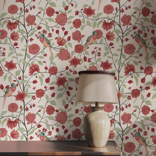 Birds & Floral Pattern Wallpaper Red & Cream Color Table Lamp