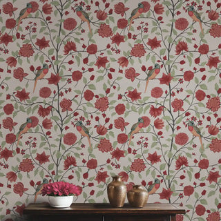 Birds & Floral Pattern Wallpaper Red & Cream Color