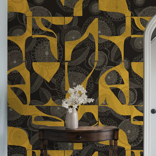 Petal Mosaic Rust Yellow Abstract Customised Wallpaper for Rooms Foyer Area 