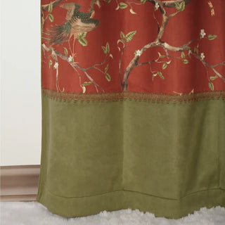 Lower section of Phoenix Chinoiserie Readymade Curtain highlighting the olive-green panel with fine embroidered detailing and textured fabric contrast.