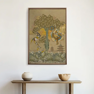 Phoenix wall art framed above a console table, showcasing intricate digital artwork of phoenix and dragon in a serene oriental landscape.