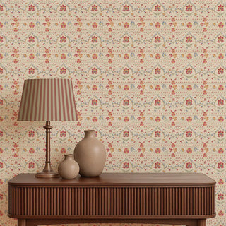 Phulkari Indian Wallpaper Roll in Beige Color Living Room