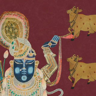 Pichwai Shrinathji Pooja and Living Room Wallpaper With Cows, Maroon Color Buy Now