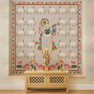 Pichwai Shrinathji Pooja and Living Room Beige Color Wallpaper With Cows Pooja Room
