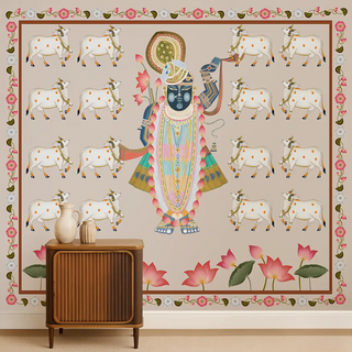 Pichwai Shrinathji Pooja and Living Room Beige Color Wallpaper With Cows Living Room
