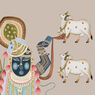 Pichwai Shrinathji Pooja and Living Room Beige Color Wallpaper With Cows Buy Now
