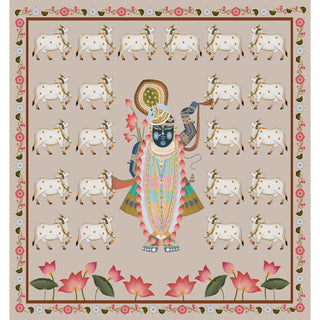 Shop Pichwai Shrinathji Pooja and Living Room Beige Color Wallpaper With Cows By Lifencolors
