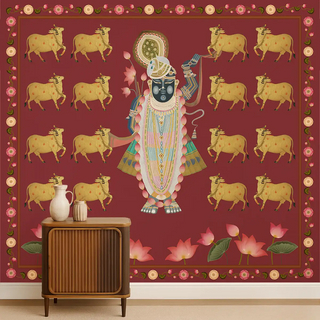 Pichwai Shrinathji Pooja and Living Room Wallpaper With Cows, Maroon Color Living Room
