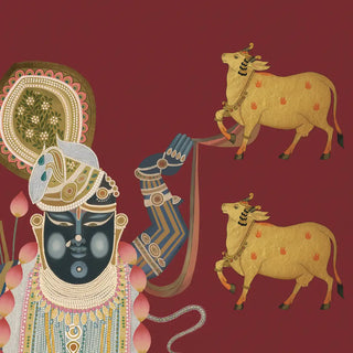 Pichwai Shrinathji Pooja and Living Room Wallpaper With Cows, Maroon Color Buy Now
