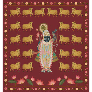 Shop Pichwai Shrinathji Pooja and Living Room Wallpaper With Cows, Maroon Color By Lifencolors 
