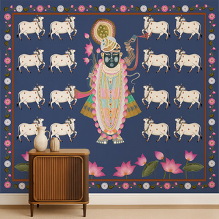 Pichwai Shrinathji Pooja and Living Room Wallpaper With Cows in Blue Color Living Area 

