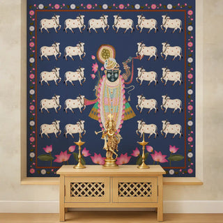 Pichwai Shrinathji Pooja and Living Room Wallpaper in blue, depicting Shrinathji surrounded by rows of white cows and lotus flowers Mandir room

