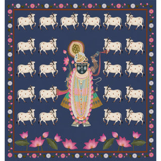 Shop Pichwai Shrinathji Pooja and Living Room Wallpaper With Cows in Blue Color By Lifencolors
