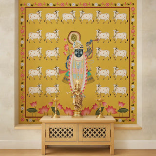 Pichwai Shrinathji Pooja and Living Room Wallpaper With Cows Pooja Room
