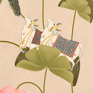Decorative illustration of two oxen with decorative saddles and a peacock, surrounded by leaves on a beige background.