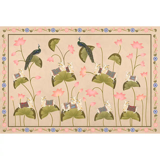 Decorative wallpaper with peacocks, flowers, and birds on a beige background