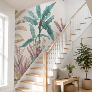 A Staircase Showcasing Pink & Green Tropical Wallpaper. view-staircase

