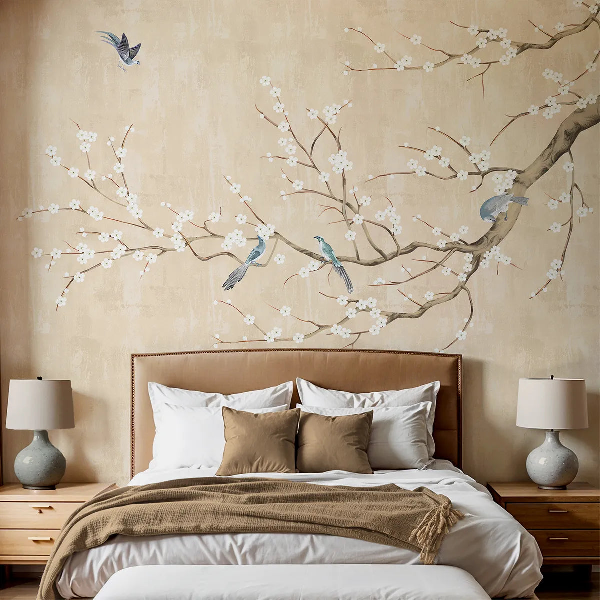 Plum Blossom Chinoiserie Style Cream Color Wallpaper for Rooms Bedroom 