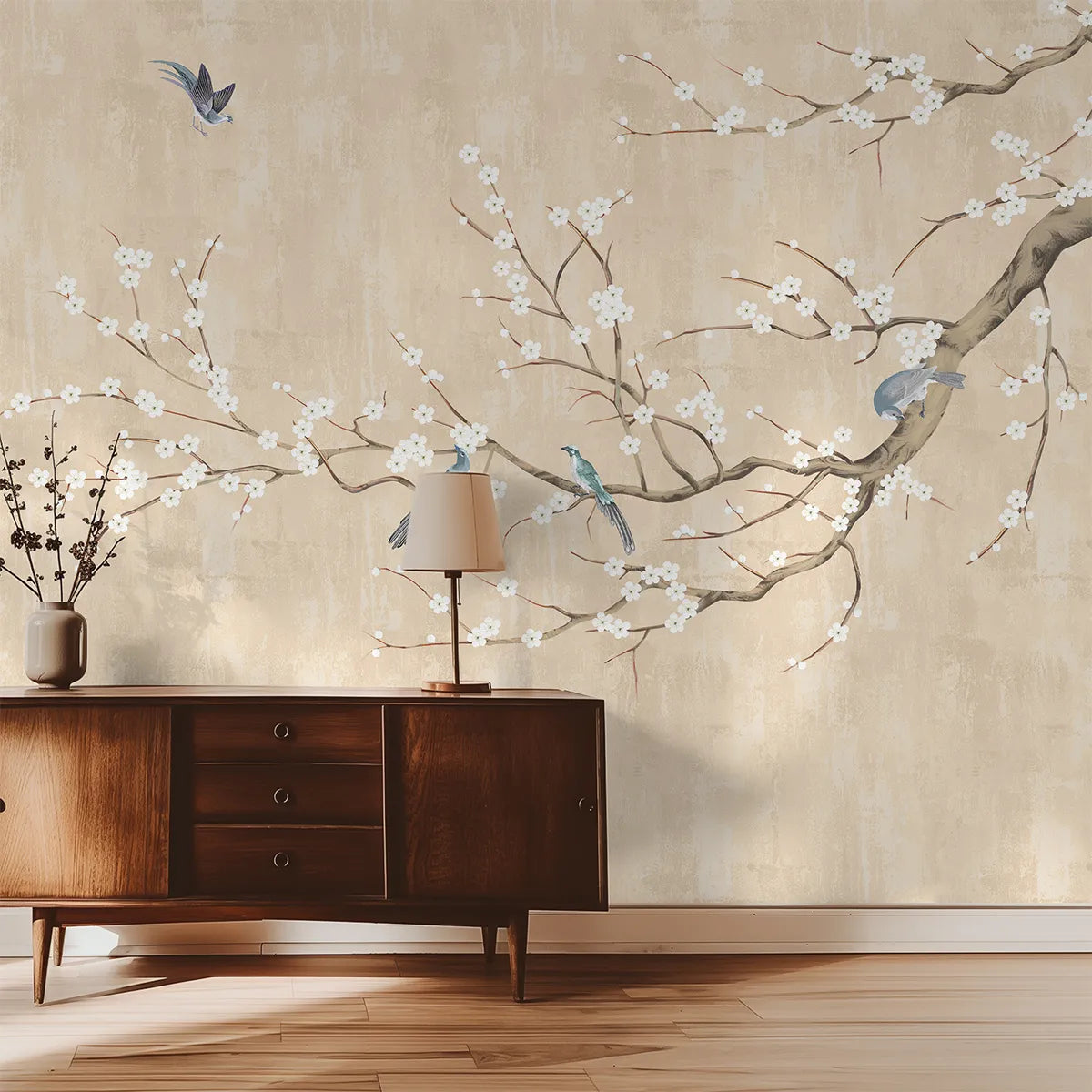 Plum Blossom Chinoiserie Style Cream Color Wallpaper for Rooms Living Room
