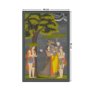 Radha Krishna Vintage Indian Wall Art Digital Print Poster in 44x66cm, depicting Lord Krishna and Radha in an intimate embrace under a lush tree, surrounded by attendants.