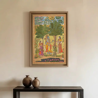 Raga Rama Vintage Indian Wall Art displayed above a minimalist console with clay vases, radiating warmth and divine grace in a refined home setting.