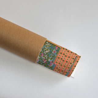 Rolled Raga Rama Vintage Indian Wall Art Poster revealing detailed orange floral borders and hand-painted foliage, ideal for collectors of classic Indian art.