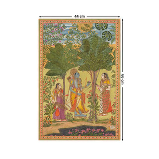 Raga Rama Vintage Indian Wall Art Digital Print Poster in 44x66cm, depicting Lord Rama with Sita and Lakshmana in a lush forest scene adorned with blooming trees and florals.