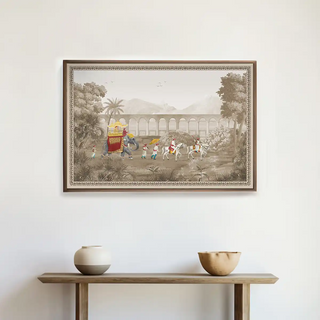 Rajasthani Rajah Vintage Wall Art displayed above a minimal console with clay vases, evoking sophistication and cultural charm in an earthy home interior.