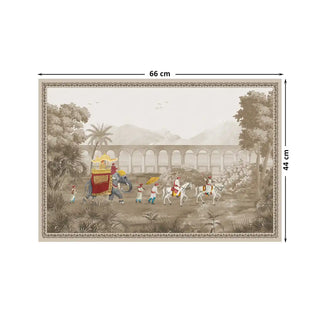 Rajasthani Rajah Vintage Wall Art Digital Print Poster in 66x44cm, illustrating a royal procession with elephants and horses amid a sepia-toned landscape.