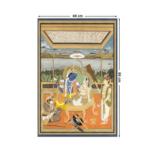 Shri Ram Parivar Vintage Indian Wall Art Digital Print Poster in 44x66cm, illustrating Lord Ram, Sita, Lakshman, and Hanuman in a royal setting with intricate Mughal-inspired detailing.