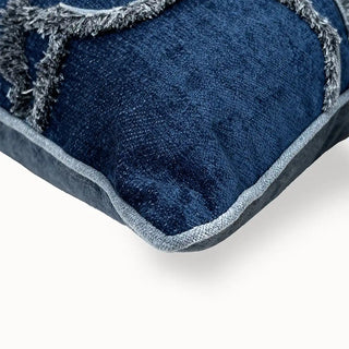 Regal Crest  Fringe Cushion Cover: Closeup view of the navy blue chenille cushion with textured fringe embroidery.