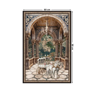 Regal Arrival Luxury European Style Embroidered Wall Art in 60x90cm, illustrating a classic horse-drawn carriage within a grand palace corridor, evoking aristocratic European elegance.