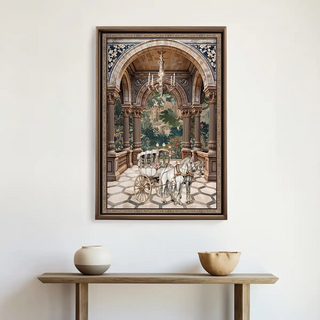 Regal Arrival Luxury European Style Wall Art displayed above a wooden console with neutral pottery, creating a sophisticated and timeless interior accent.