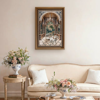 Regal Arrival Luxury European Style Wall Art framed above a soft cream sofa with floral decor, adding grandeur and refined charm to the living space.