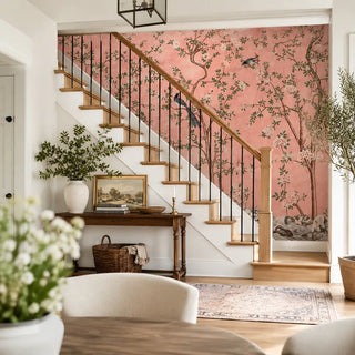 A Staircase Styled with Rosa Chinoiserie, Pink Wallpaper. view-staircase

