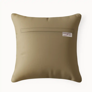 Back View of Velvet Rustic Frame Cushion Cover with a brand label on a white background