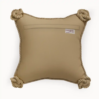 Back view of Rustic malhar Rope Cushion Cover delicate golden floral motifs. Finished with chunky knotted rope details on each corner.