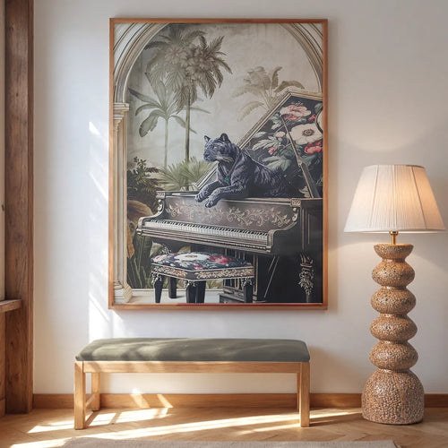 Framed artwork of a tiger on a piano with a lamp and bench in a room. wallart by lifencolors