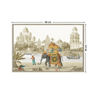 Safar Vintage Indian Embroidered Wall Art in 44x66cm, depicting a regal elephant procession near ornate domes and riverside temples with detailed embroidered artistry inspired by Indian heritage.
