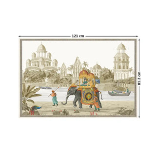 Safar Vintage Indian Embroidered Wall Art in 81.2x121cm, showcasing fine embroidered-style detailing of a royal procession set against domed palaces and lush landscapes.
