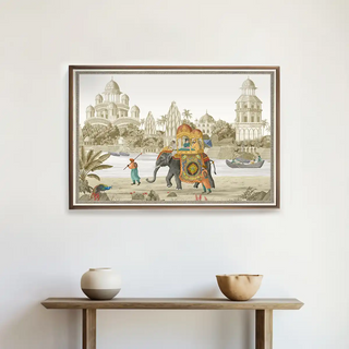 Safar Vintage Indian Embroidered Wall Art displayed above a wooden console with neutral pottery, highlighting intricate embroidered motifs and timeless Indian artistry.