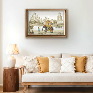 Safar Vintage Indian Embroidered Wall Art framed above a classic sofa with soft cushions and marigold flowers, adding embroidered charm and heritage luxury to living spaces.